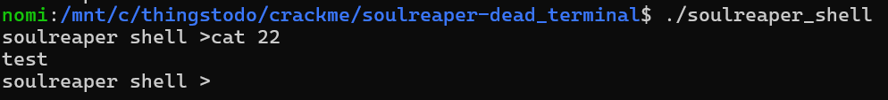 The soulreaper shell showing its prompt and accepting regular shell commands.