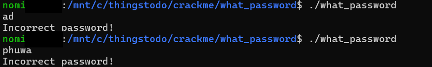 Terminal showing the what_password crackme rejecting several incorrect password guesses.